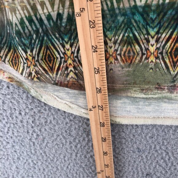 Chicos Top Women 2 US Large Sienna Green Multi Split Neck Balloon Sleeve Peasant - Picture 9 of 10